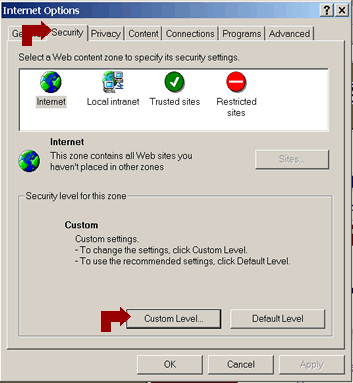 Internet Explorer's Interenet Options Security tab
